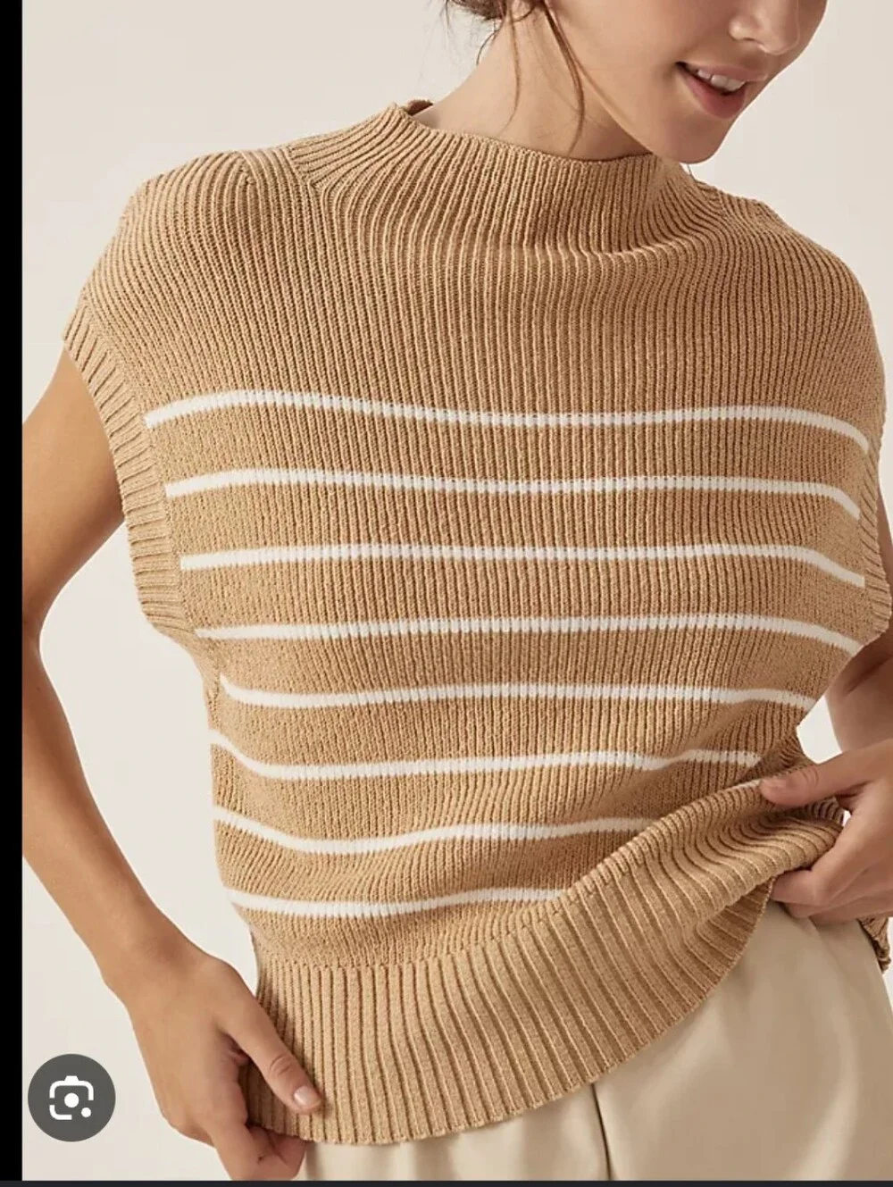Anthropologie Beige & White Striped Sleeveless Knit Vest-Amara-mock-neck-S